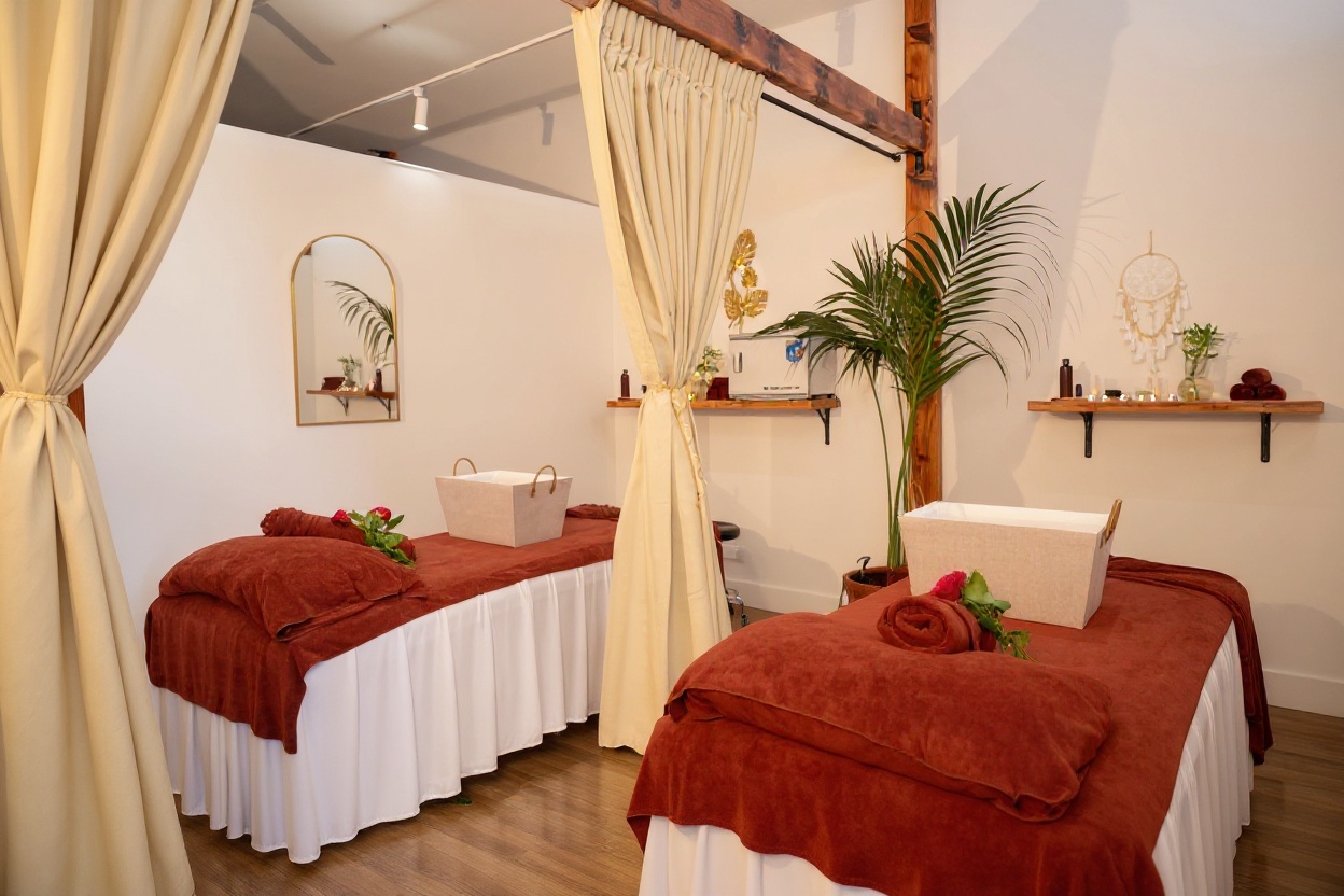 The terracotta duo-treatment room at Body Healing Spa, Northcote